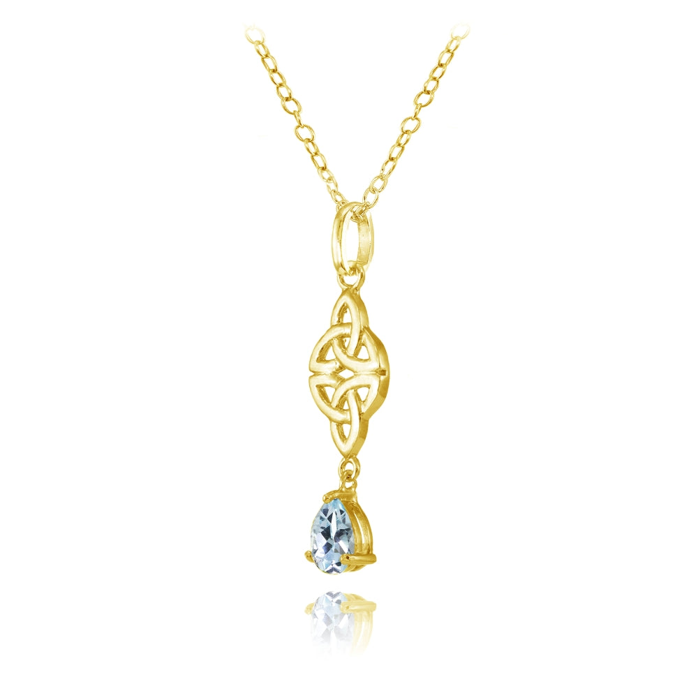 Yellow Gold Flashed Sterling Silver Blue Topaz Celtic Trinity Knot Teardrop Necklace-2