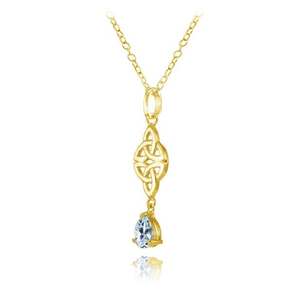 Yellow Gold Flashed Sterling Silver Blue Topaz Celtic Trinity Knot Teardrop Necklace