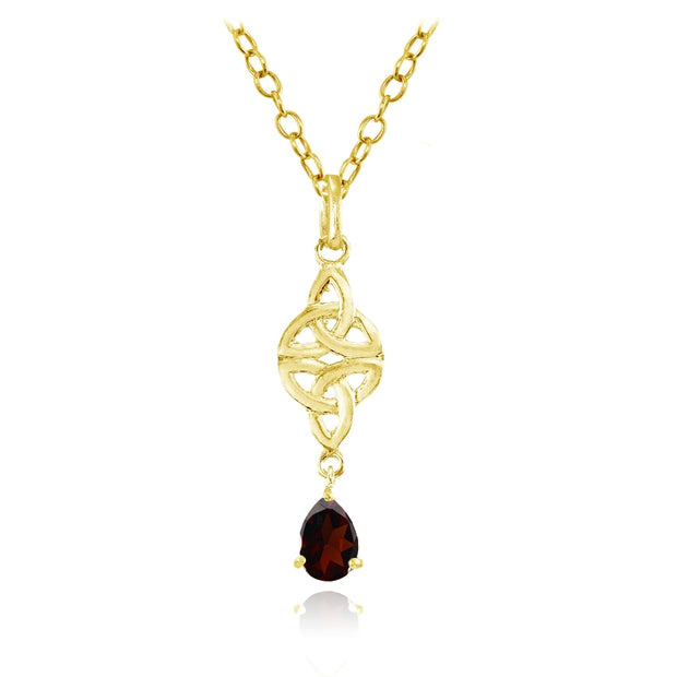 Yellow Gold Flashed Sterling Silver Garnet Celtic Trinity Knot Teardrop Necklace