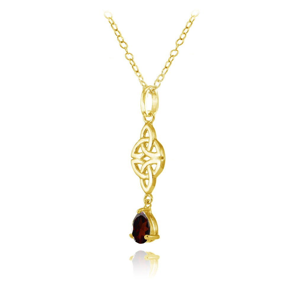 Yellow Gold Flashed Sterling Silver Garnet Celtic Trinity Knot Teardrop Necklace-2
