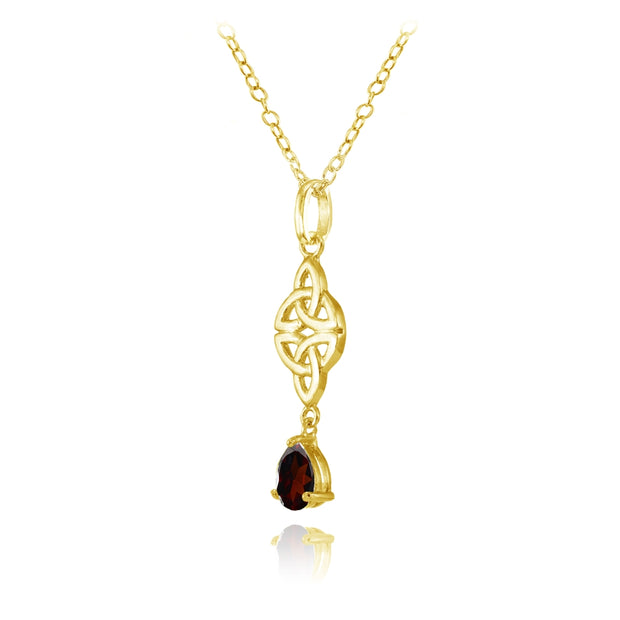 Yellow Gold Flashed Sterling Silver Garnet Celtic Trinity Knot Teardrop Necklace