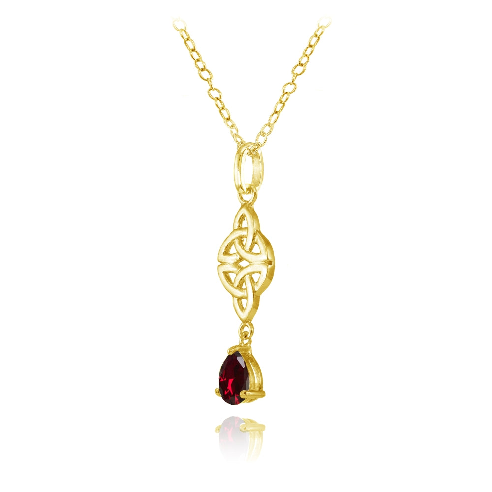 Yellow Gold Flashed Sterling Silver Created Ruby Celtic Trinity Knot Teardrop Necklace-2