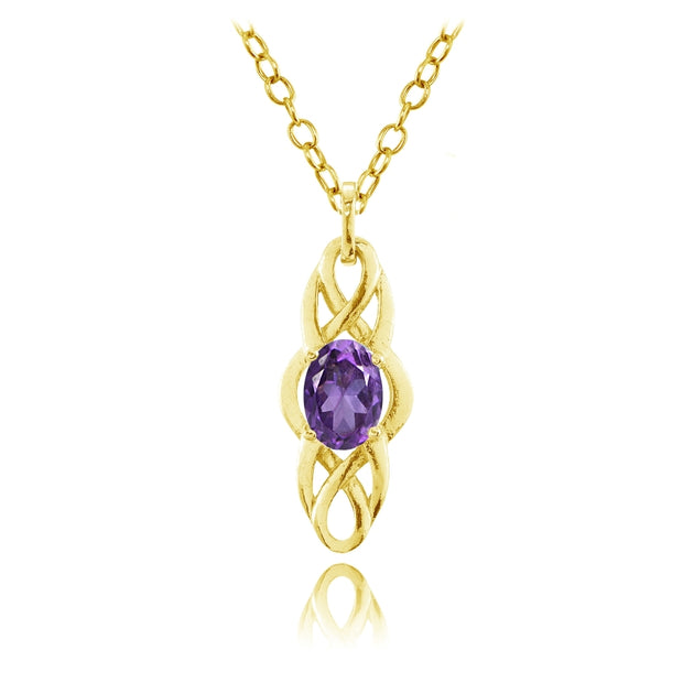 Yellow Gold Flashed Sterling Silver African Amethyst Celtic Knot Oval Drop Necklace