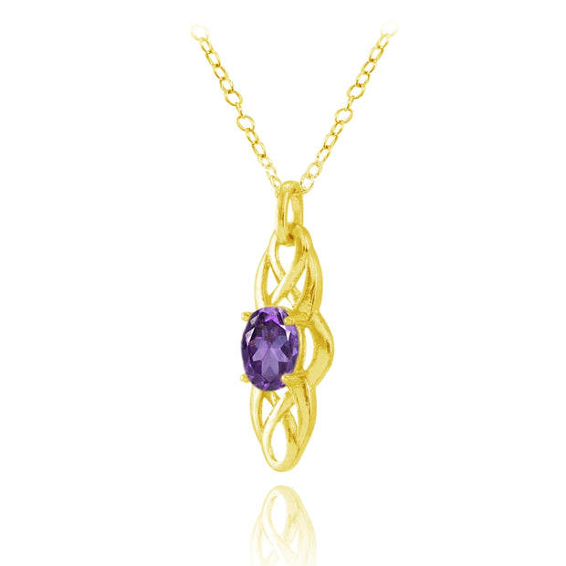 Yellow Gold Flashed Sterling Silver African Amethyst Celtic Knot Oval Drop Necklace