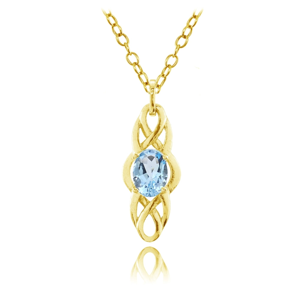 Yellow Gold Flashed Sterling Silver Blue Topaz Celtic Knot Oval Drop Necklace