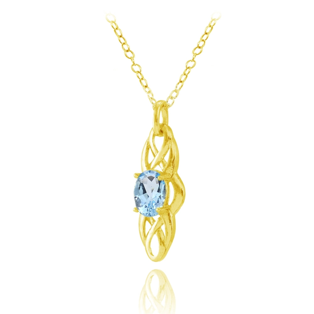Yellow Gold Flashed Sterling Silver Blue Topaz Celtic Knot Oval Drop Necklace-2