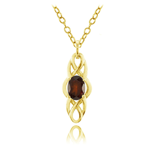 Yellow Gold Flashed Sterling Silver Garnet Celtic Knot Oval Drop Necklace