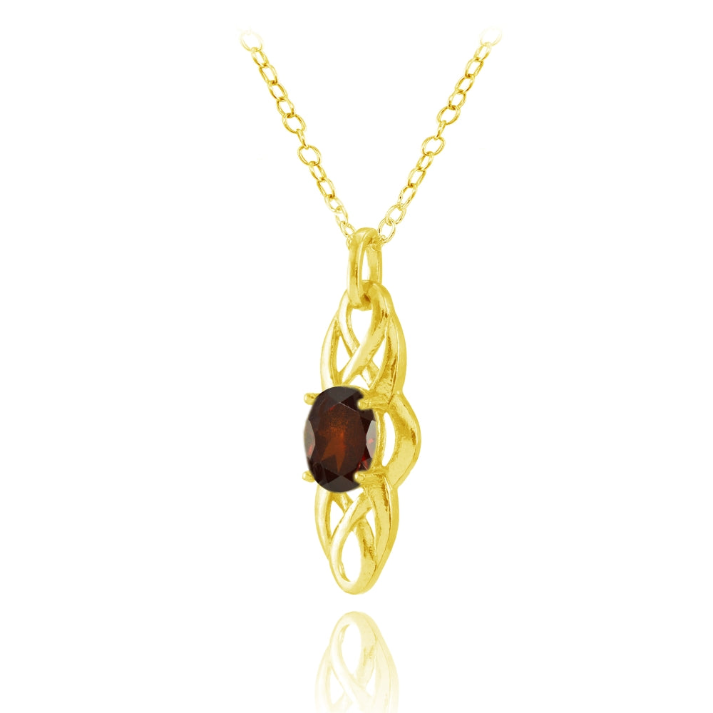 Yellow Gold Flashed Sterling Silver Garnet Celtic Knot Oval Drop Necklace-2