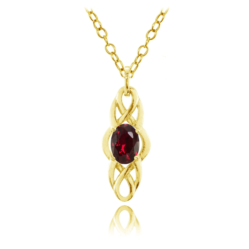 Yellow Gold Flashed Sterling Silver Created Ruby Celtic Knot Oval Drop Necklace