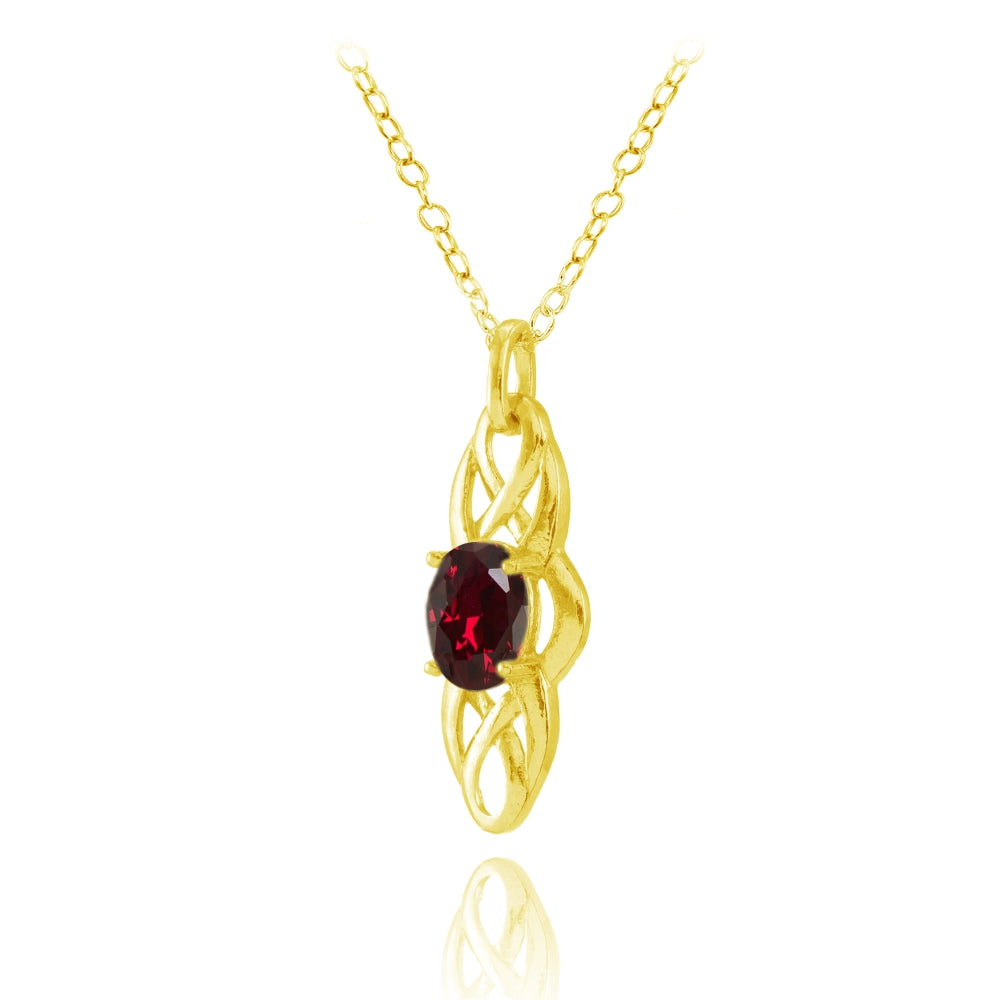 Yellow Gold Flashed Sterling Silver Created Ruby Celtic Knot Oval Drop Necklace-2