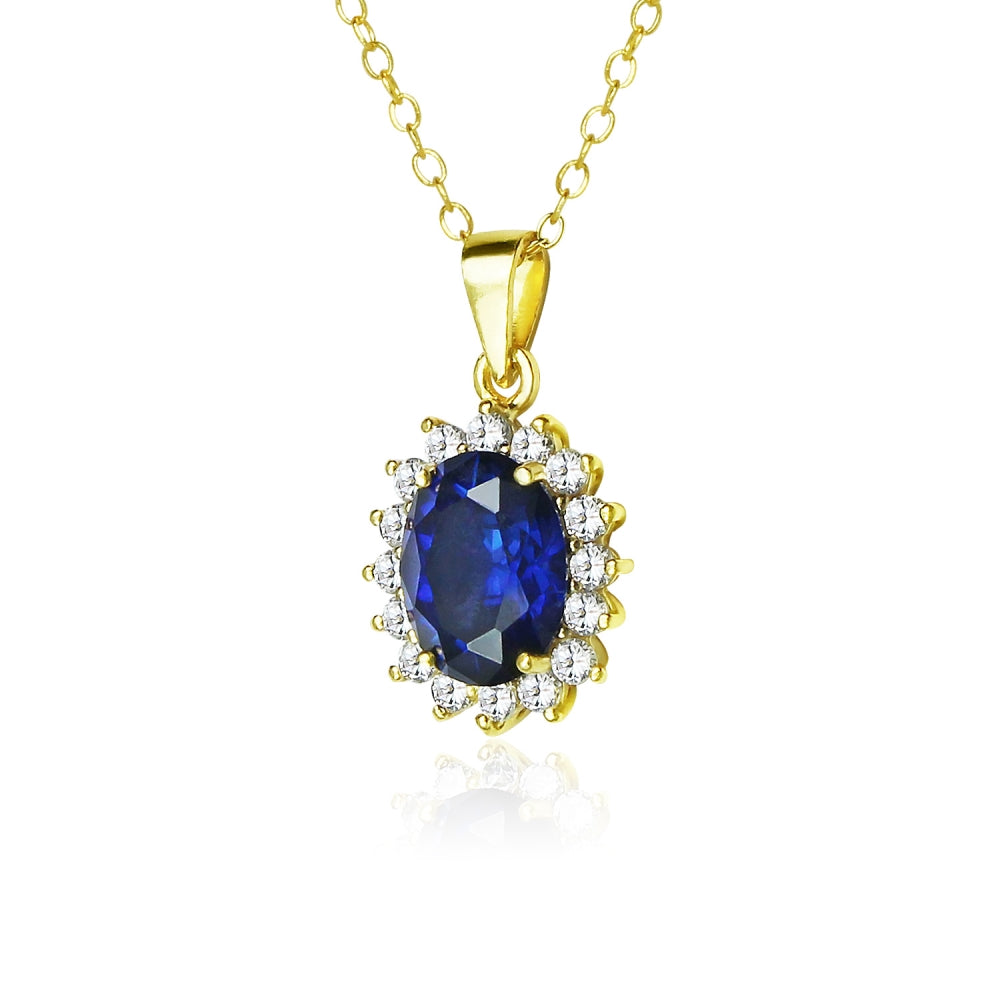 Yellow Gold Flashed Sterling Silver Royal Blue Cubic Zirconia Oval Necklace-2
