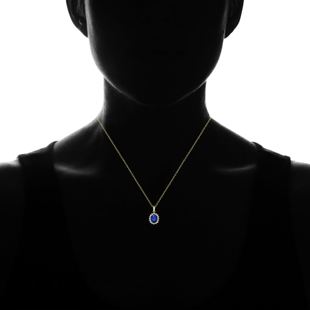 Yellow Gold Flashed Sterling Silver Royal Blue Cubic Zirconia Oval Necklace-3