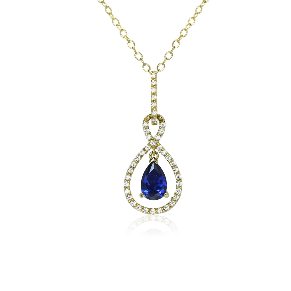 Yellow Gold Flashed Sterling Silver Blue Cubic Zirconia Teardrop Infinity Figure 8 Necklace