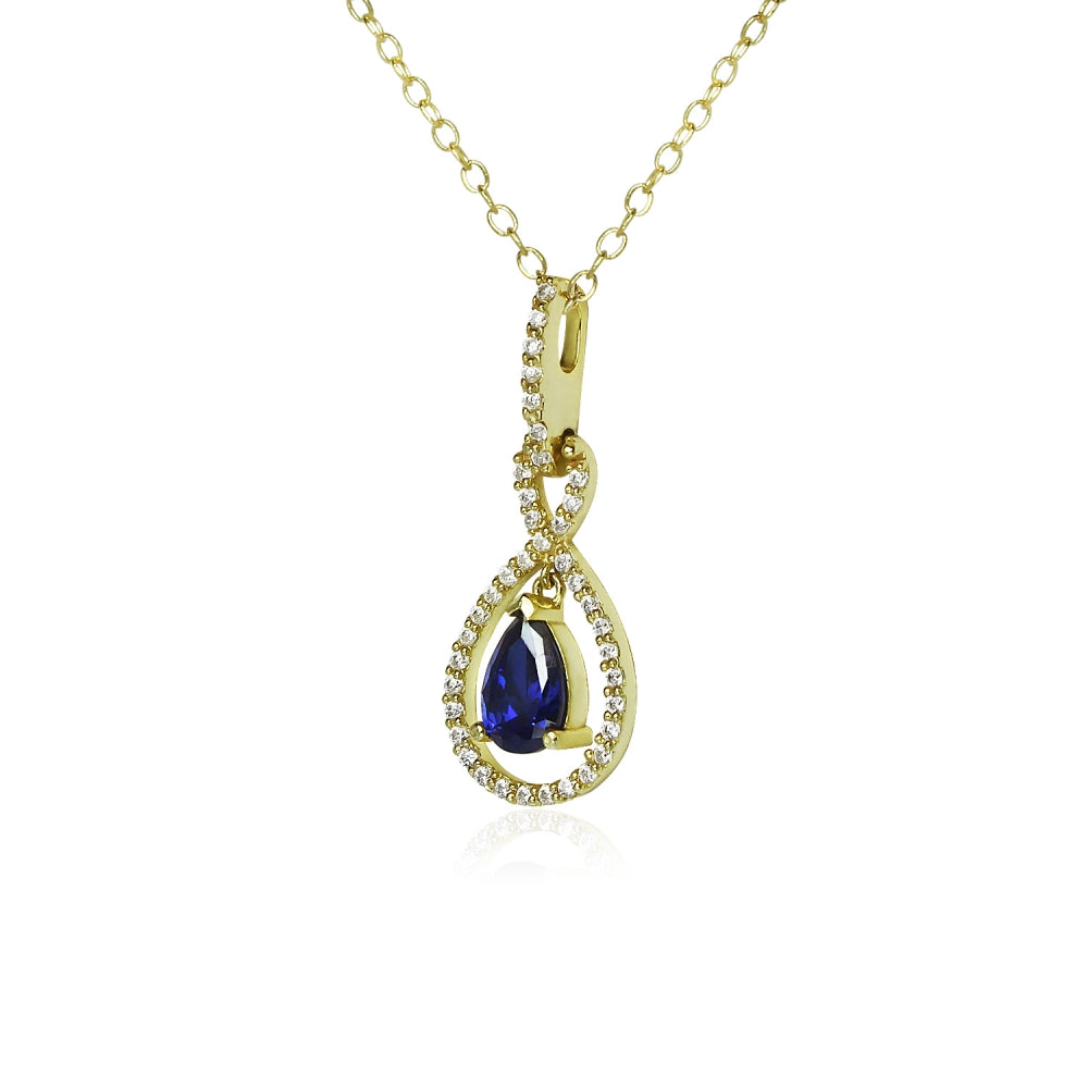 Yellow Gold Flashed Sterling Silver Blue Cubic Zirconia Teardrop Infinity Figure 8 Necklace-2