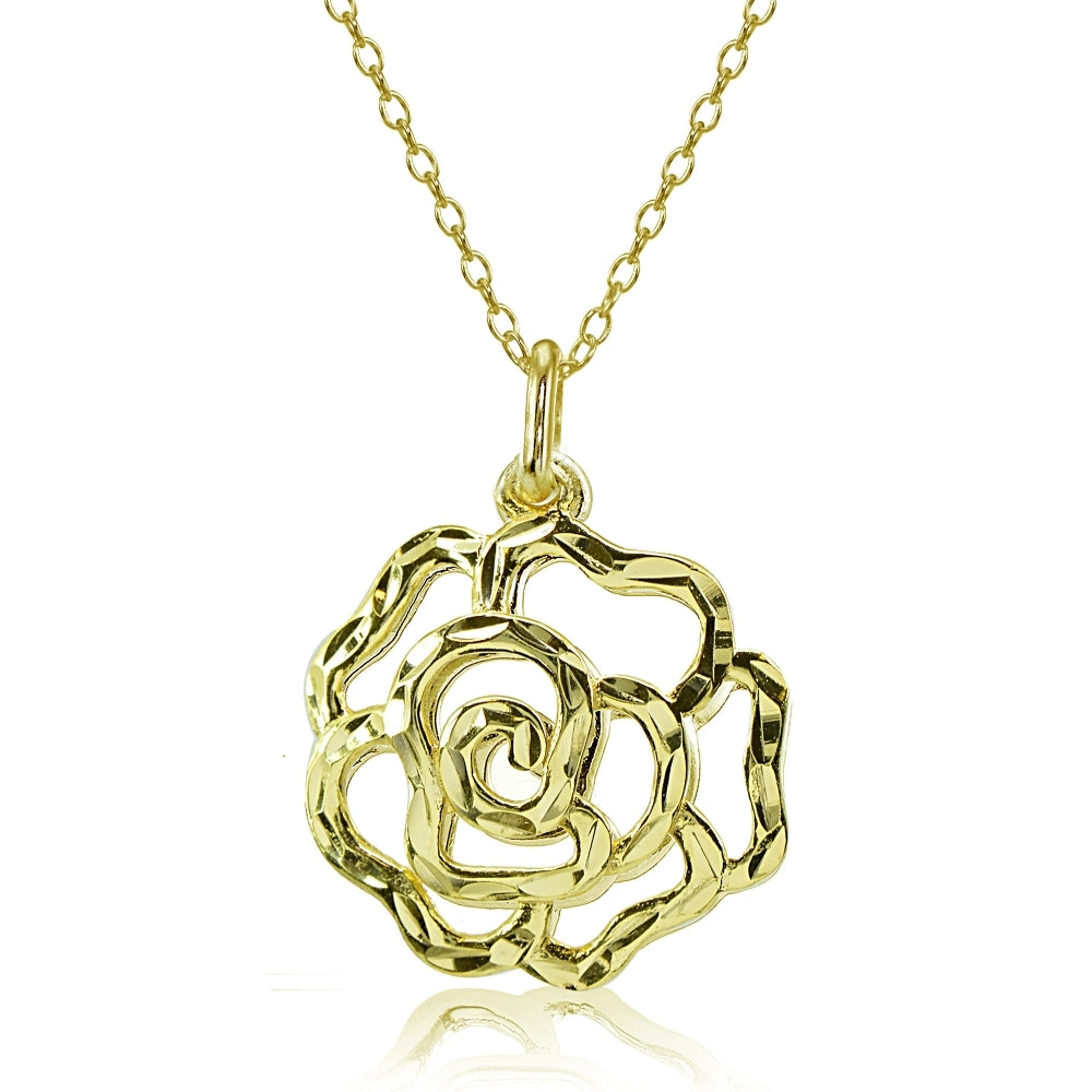 Yellow Gold Flashed Sterling Silver High Polished Diamond-cut Filigree Rose Flower Pendant Necklace