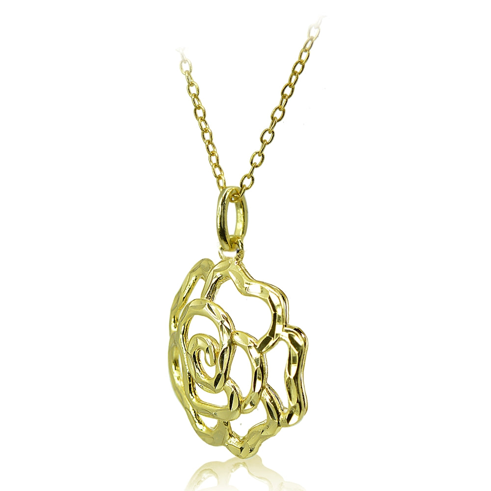 Yellow Gold Flashed Sterling Silver High Polished Diamond-cut Filigree Rose Flower Pendant Necklace-2