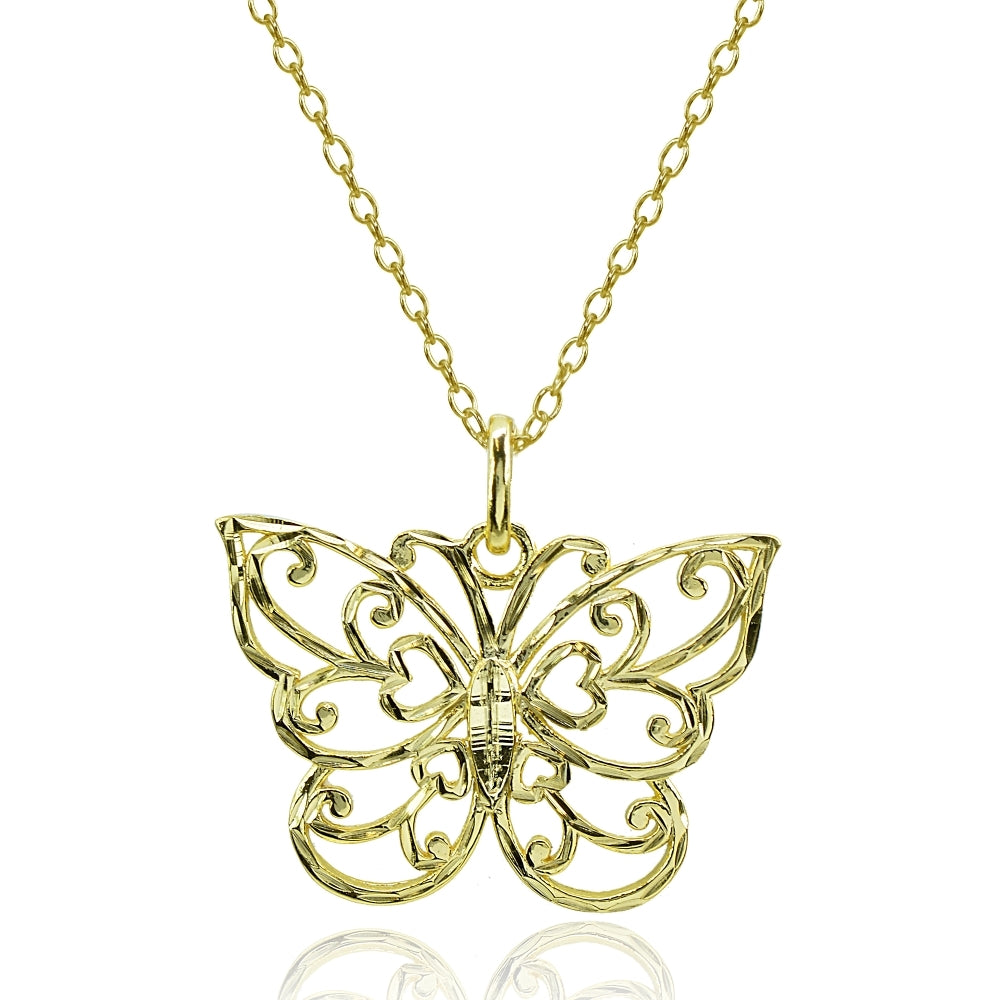 Yellow Gold Flashed Sterling Silver High Polished Diamond-cut Filigree Butterfly Pendant Necklace