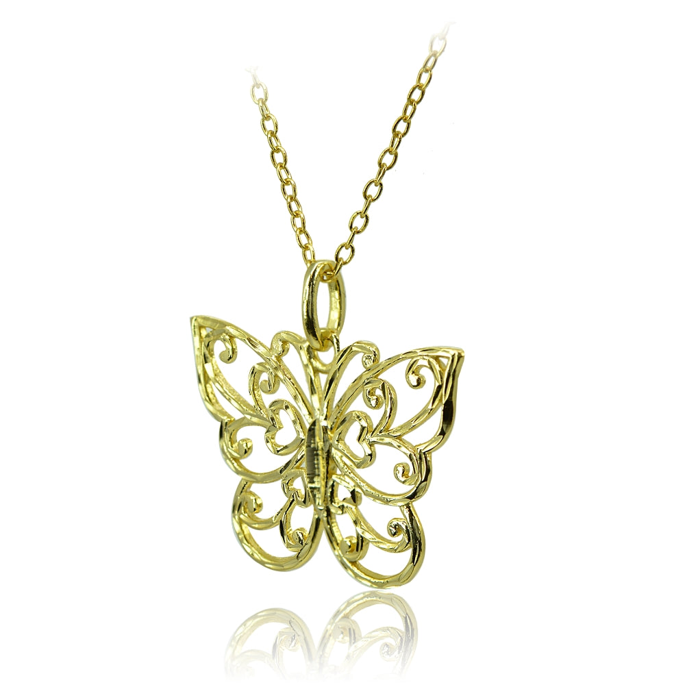 Yellow Gold Flashed Sterling Silver High Polished Diamond-cut Filigree Butterfly Pendant Necklace-2