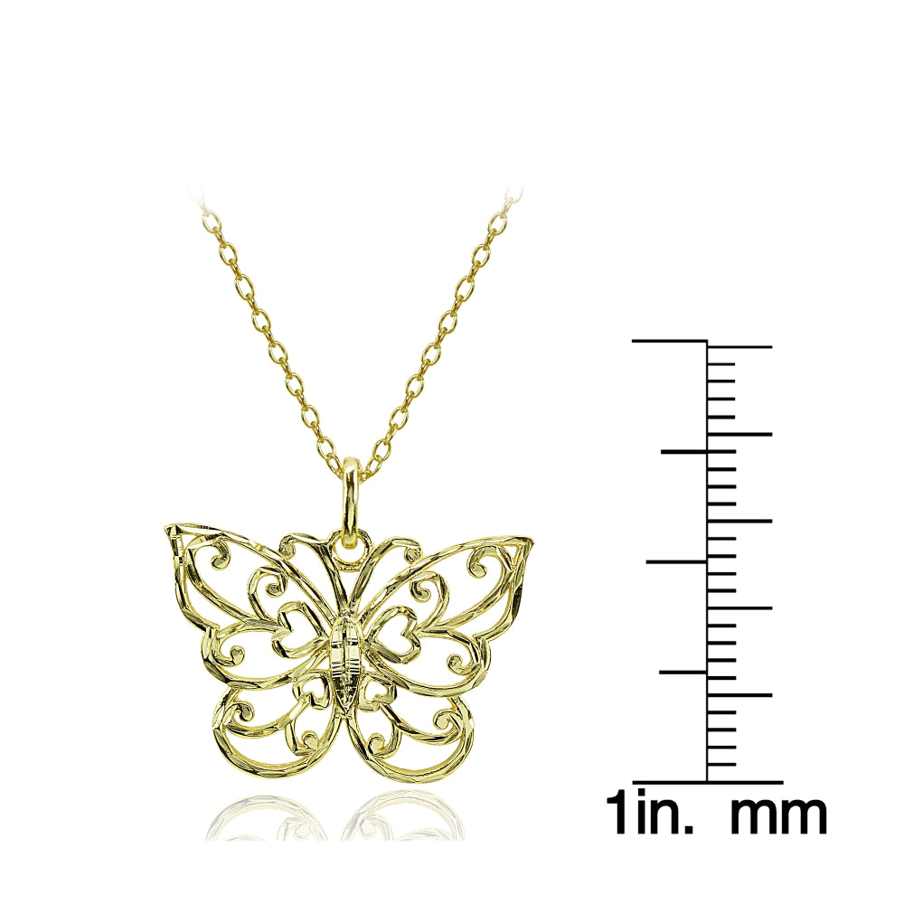Yellow Gold Flashed Sterling Silver High Polished Diamond-cut Filigree Butterfly Pendant Necklace-3