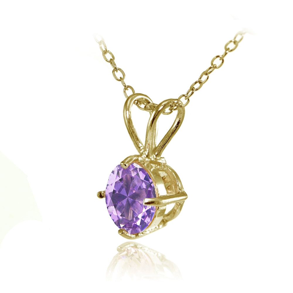 Yellow Gold Flashed Sterling Silver Created Amethyst 7mm Round Solitaire Pendant Necklace-2