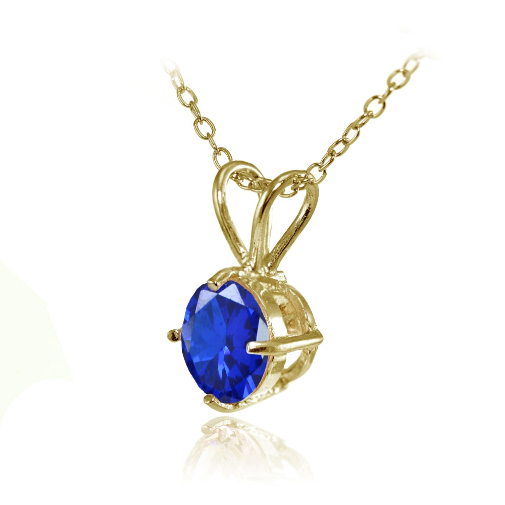 Yellow Gold Flashed Sterling Silver Created Blue Sapphire 7mm Round Solitaire Pendant Necklace-2