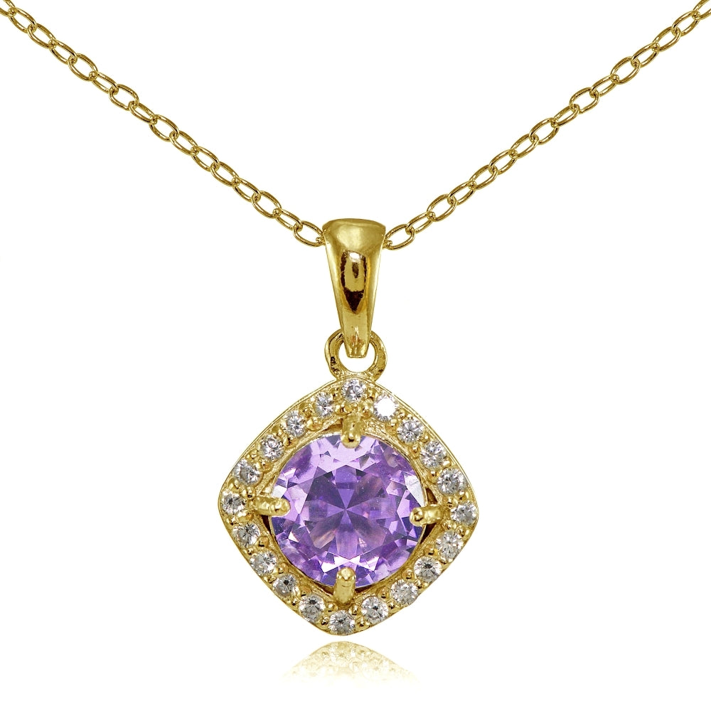 Yellow Gold Flashed Sterling Silver Created Amethyst 7mm Round and CZ Accents Necklace