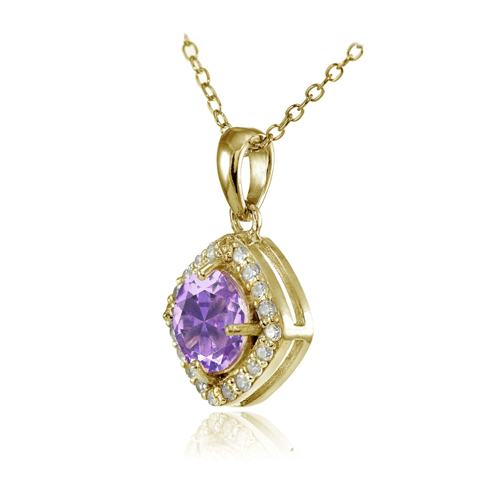 Yellow Gold Flashed Sterling Silver Created Amethyst 7mm Round and CZ Accents Necklace-2