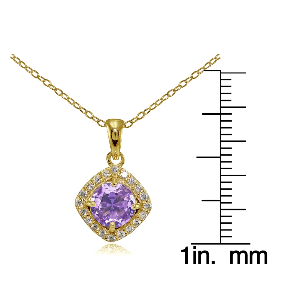 Yellow Gold Flashed Sterling Silver Created Amethyst 7mm Round and CZ Accents Necklace-3