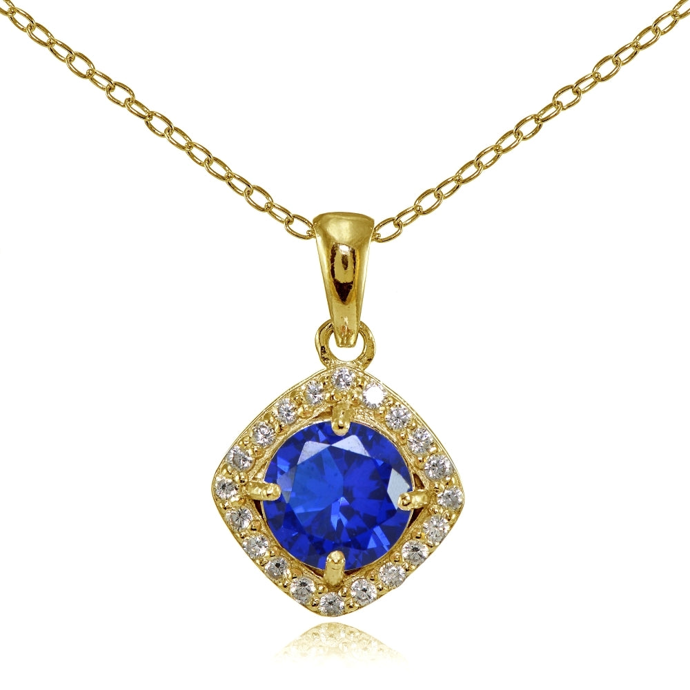 Yellow Gold Flashed Sterling Silver Created Blue Sapphire 7mm Round and CZ Accents Necklace