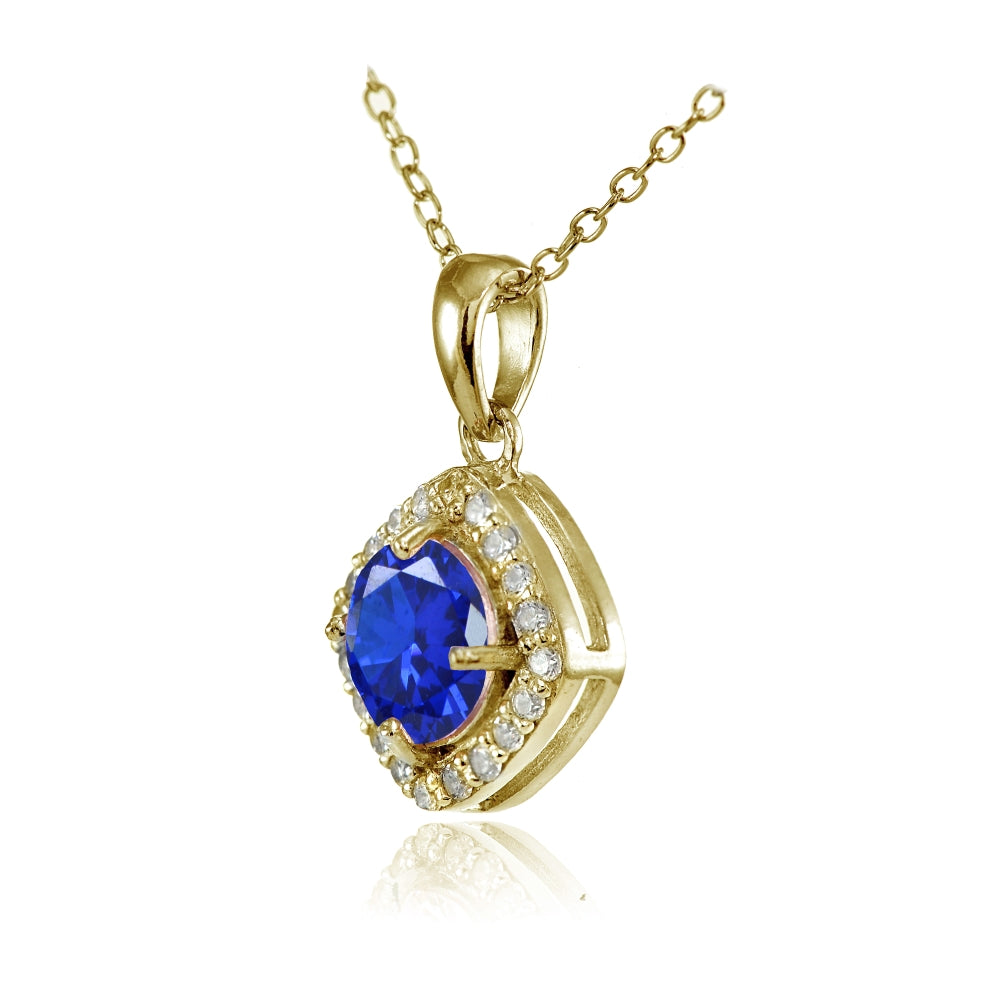Yellow Gold Flashed Sterling Silver Created Blue Sapphire 7mm Round and CZ Accents Necklace-2