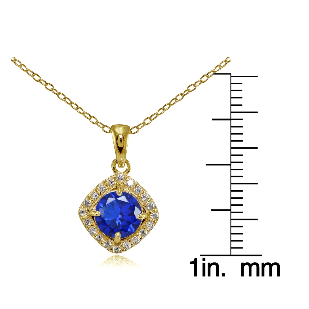 Yellow Gold Flashed Sterling Silver Created Blue Sapphire 7mm Round and CZ Accents Necklace-3