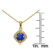 Yellow Gold Flashed Sterling Silver Created Blue Sapphire 7mm Round and CZ Accents Necklace