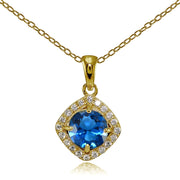 Yellow Gold Flashed Sterling Silver Created London Blue Topaz 7mm Round and CZ Accents Necklace