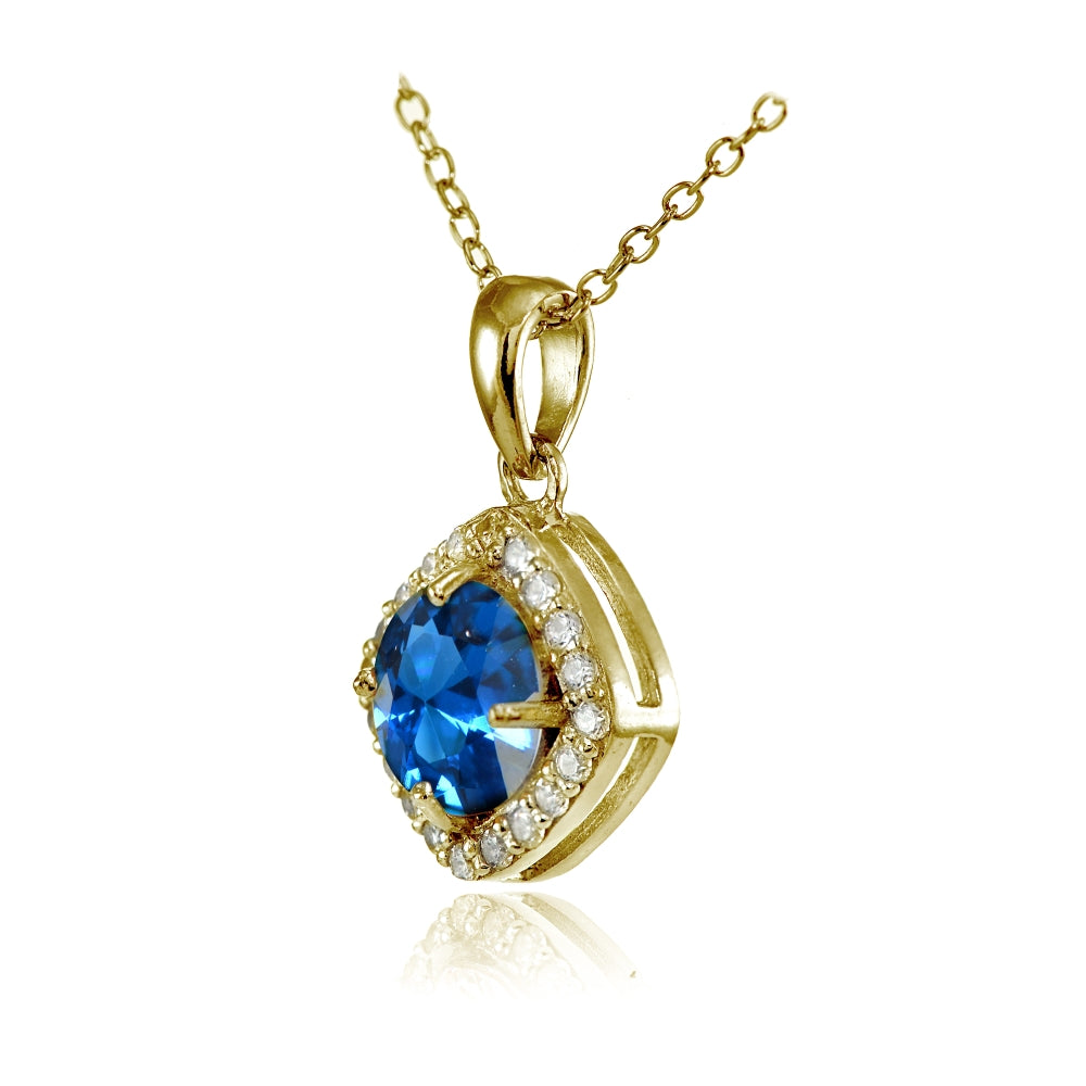 Yellow Gold Flashed Sterling Silver Created London Blue Topaz 7mm Round and CZ Accents Necklace-2