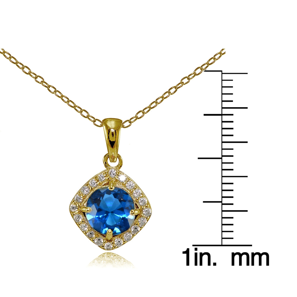 Yellow Gold Flashed Sterling Silver Created London Blue Topaz 7mm Round and CZ Accents Necklace-3