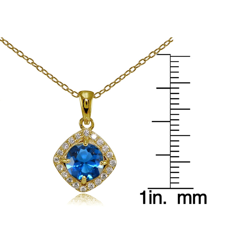 Yellow Gold Flashed Sterling Silver Created London Blue Topaz 7mm Round and CZ Accents Necklace