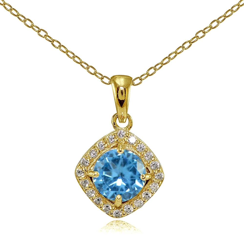 Yellow Gold Flashed Sterling Silver Created Blue Topaz 7mm Round and CZ Accents Necklace