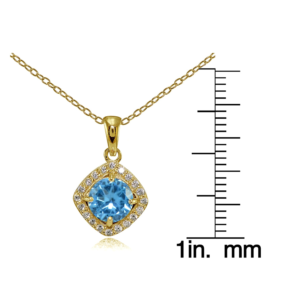 Yellow Gold Flashed Sterling Silver Created Blue Topaz 7mm Round and CZ Accents Necklace-3