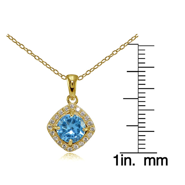 Yellow Gold Flashed Sterling Silver Created Blue Topaz 7mm Round and CZ Accents Necklace