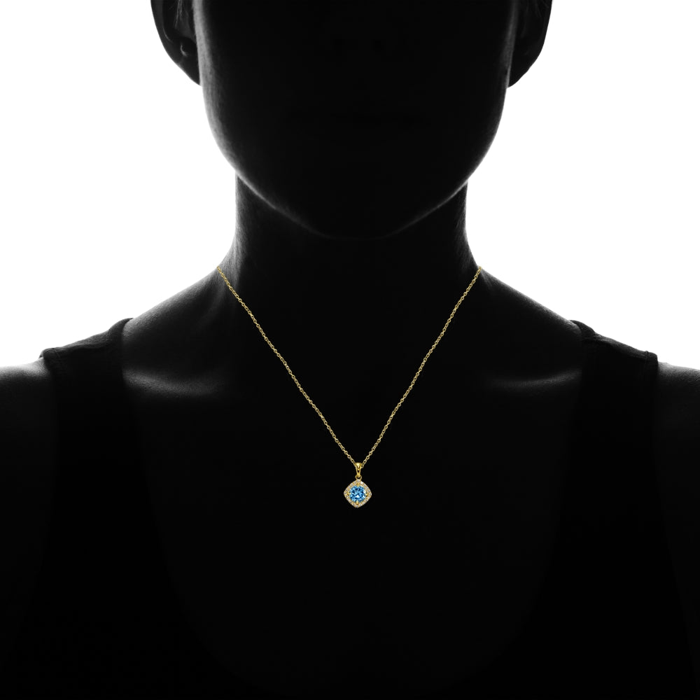 Yellow Gold Flashed Sterling Silver Created Blue Topaz 7mm Round and CZ Accents Necklace-4