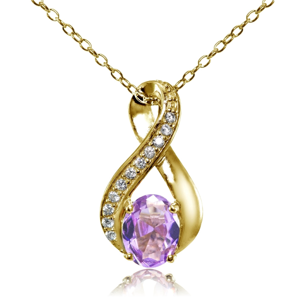 Yellow Gold Flashed Sterling Silver Created Amethyst Oval Infinity and CZ Accents Necklace