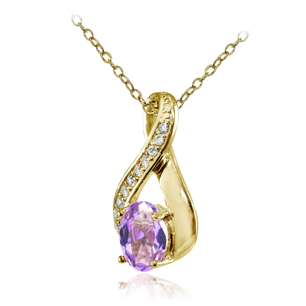 Yellow Gold Flashed Sterling Silver Created Amethyst Oval Infinity and CZ Accents Necklace-2