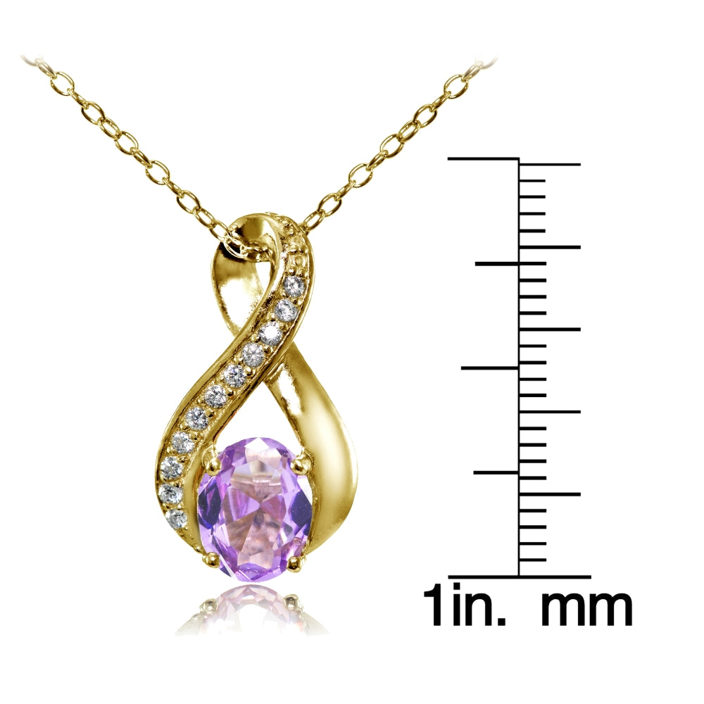 Yellow Gold Flashed Sterling Silver Created Amethyst Oval Infinity and CZ Accents Necklace-3