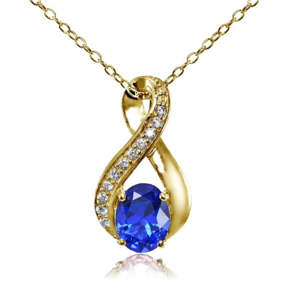 Yellow Gold Flashed Sterling Silver Created Blue Sapphire Oval Infinity and CZ Accents Necklace