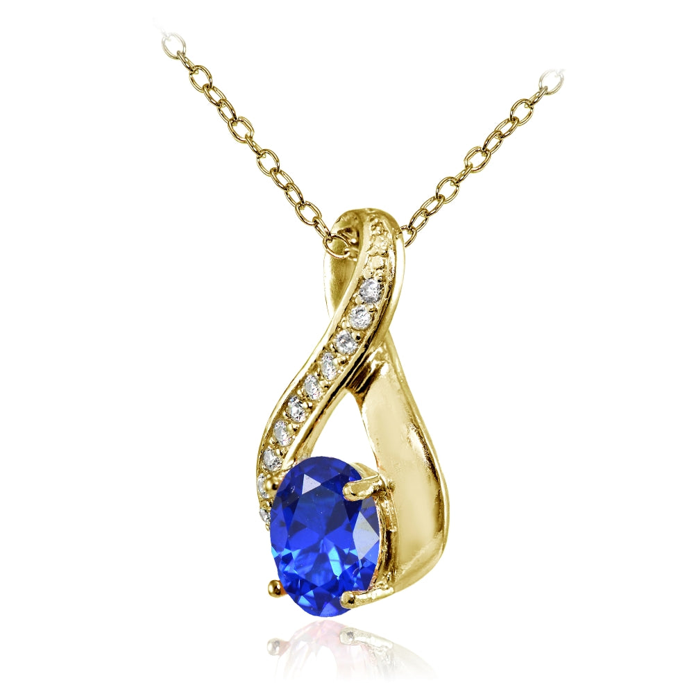 Yellow Gold Flashed Sterling Silver Created Blue Sapphire Oval Infinity and CZ Accents Necklace-2