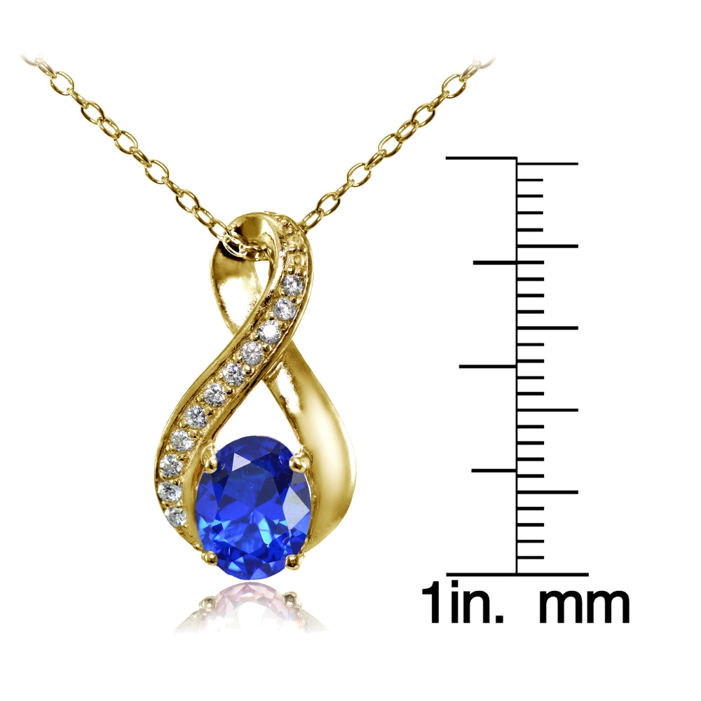 Yellow Gold Flashed Sterling Silver Created Blue Sapphire Oval Infinity and CZ Accents Necklace-3