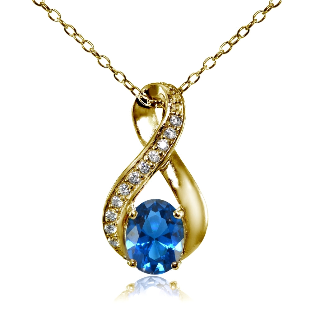 Yellow Gold Flashed Sterling Silver Created London Blue Topaz Oval Infinity and CZ Accents Necklace