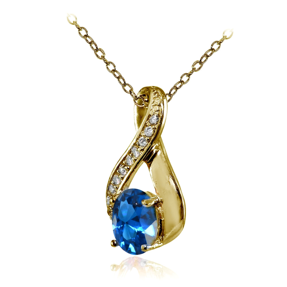 Yellow Gold Flashed Sterling Silver Created London Blue Topaz Oval Infinity and CZ Accents Necklace-2