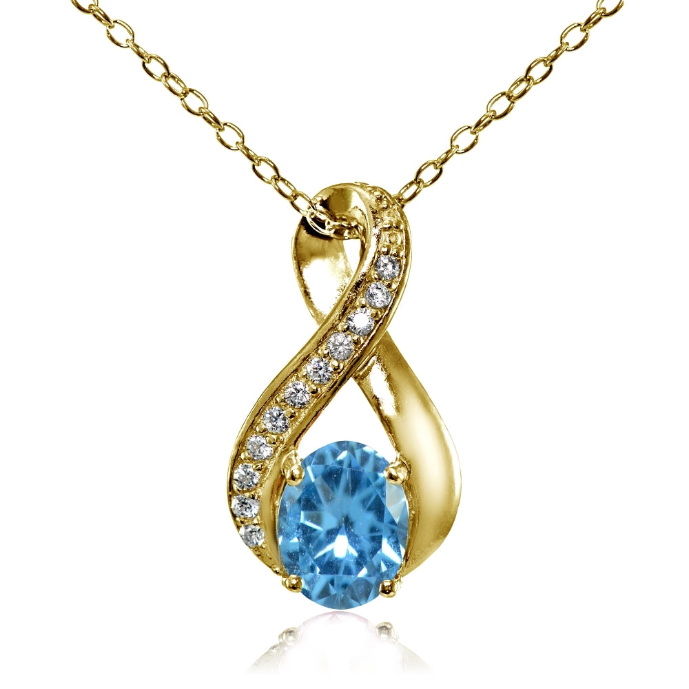 Yellow Gold Flashed Sterling Silver Created Blue Topaz Oval Infinity and CZ Accents Necklace