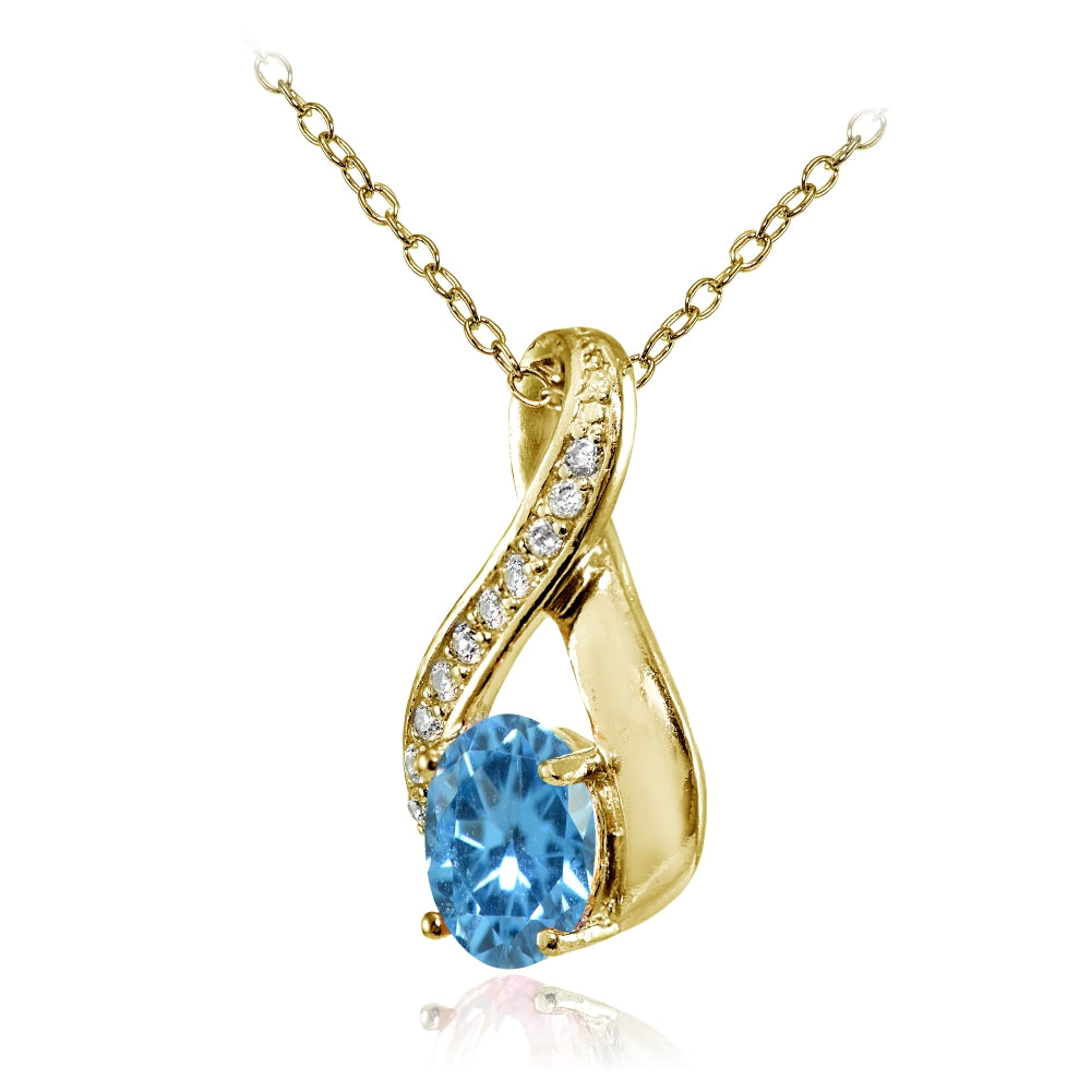 Yellow Gold Flashed Sterling Silver Created Blue Topaz Oval Infinity and CZ Accents Necklace-2